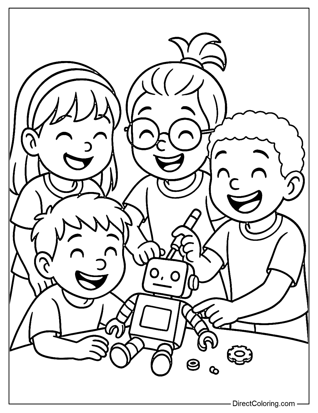 A coloring page of a group of children putting together a broken toy, smiling brightly.